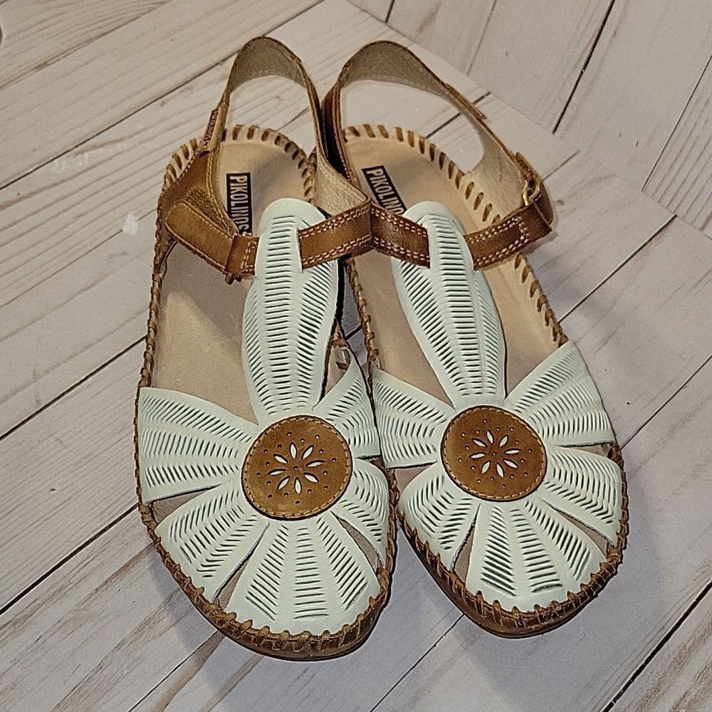 PIKOLINOS Leather Flower Wedge Sandals Puerto Vallerta Size 41 Nata
